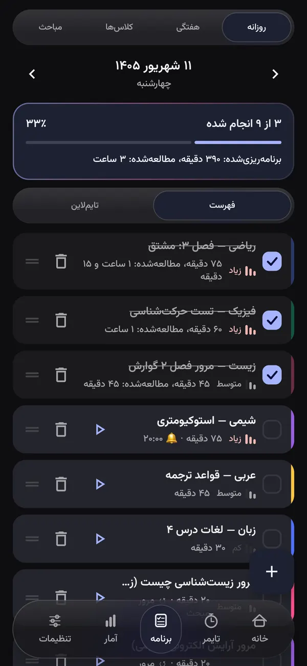 برنامه‌ی روزانه‌ی Study Verse با کارهای انجام‌شده و باقی‌مانده